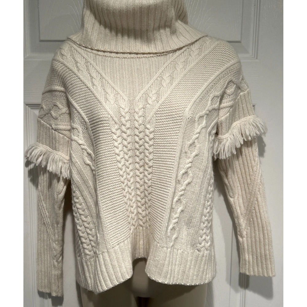 Artisan NY Womens Cream Knit Turtleneck Sweater Fringe Sleeve Slit Back XS